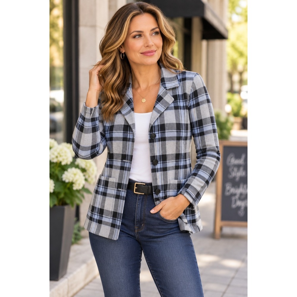 NWT Tahari Knit Cardigan Blazer Womens M Button Front Plaid Jacket Fall Layer